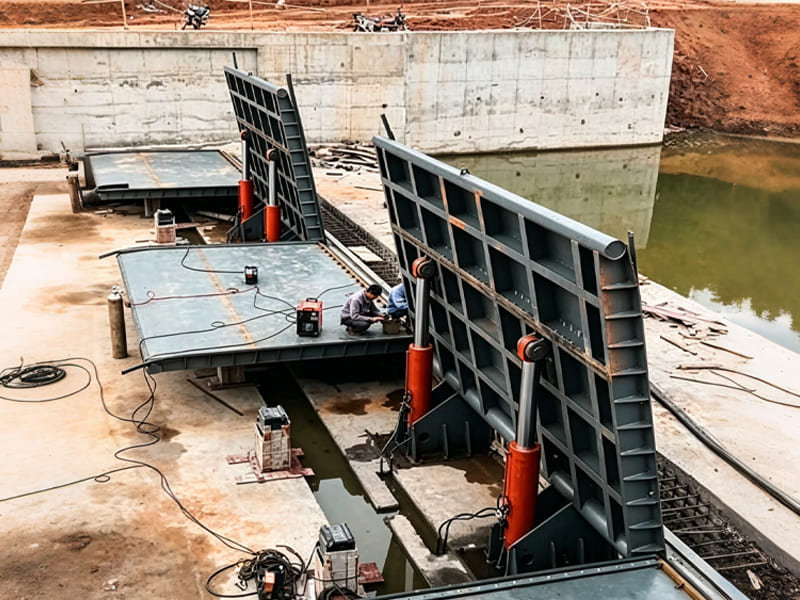 Hydraulically operated steel sluice gate with heavy‑duty hydraulic cylinders at water project site