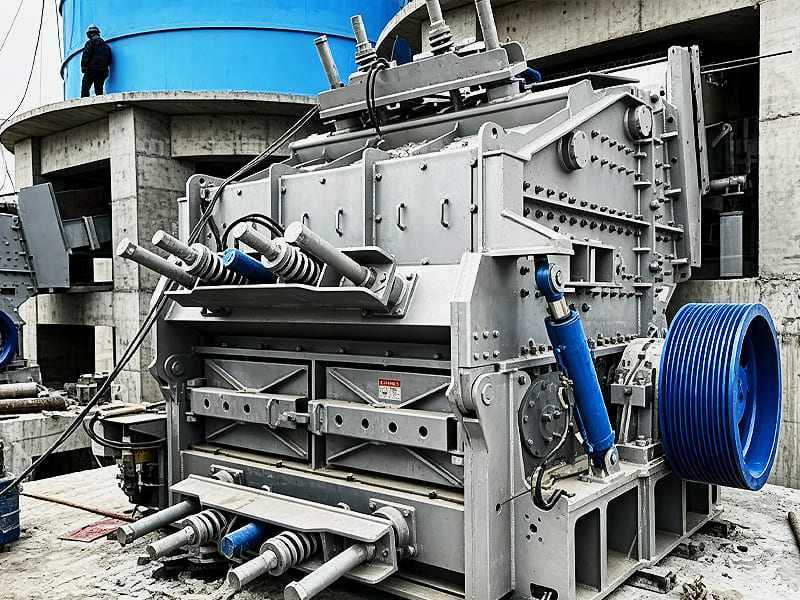 Mining impact crusher fitted with blue hydraulic cylinder for overload protection