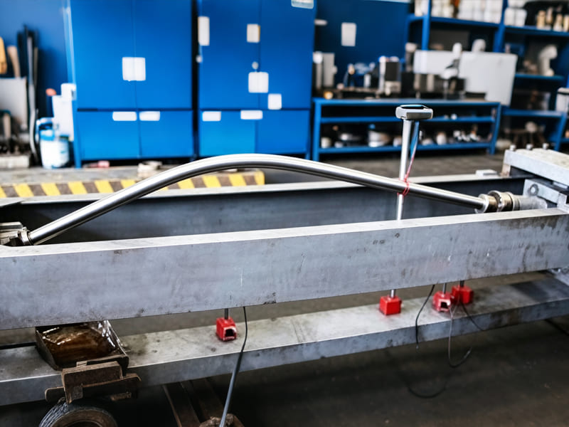 Hydraulic test bench for piston rod bending stability test with displacement sensors in lab workshop