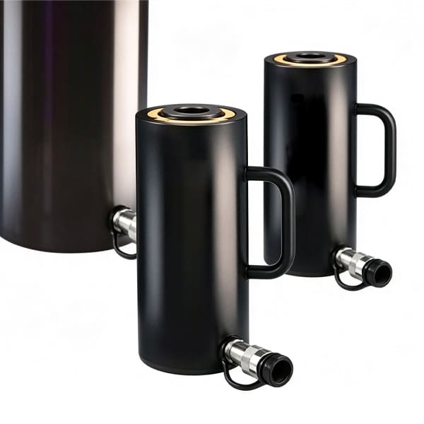 Multiple black hollow hydraulic cylinders with handle and quick disconnect couplings, white background