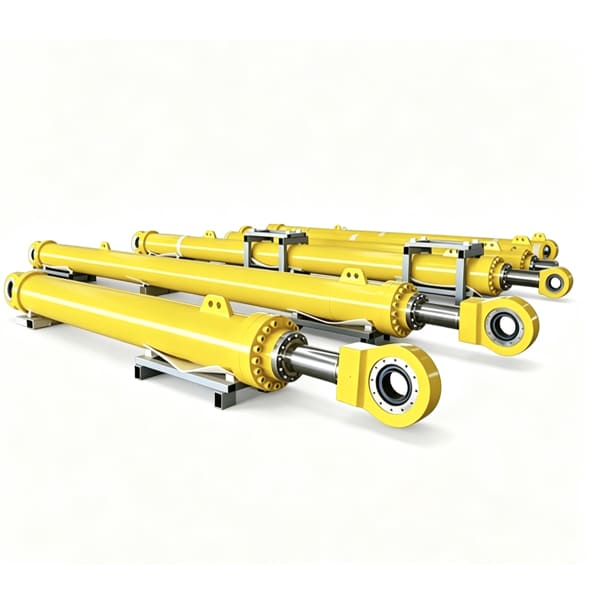 Multiple yellow heavy‑duty hydraulic cylinders with rod eye mounting on display stand