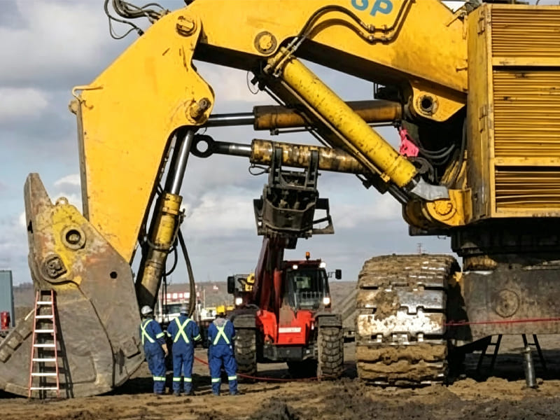 Large yellow mining excavator being serviced by field workers with crane assistance