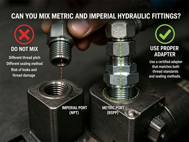 Diagram warning against mixing metric and imperial hydraulic thread fittings, use certified adapter