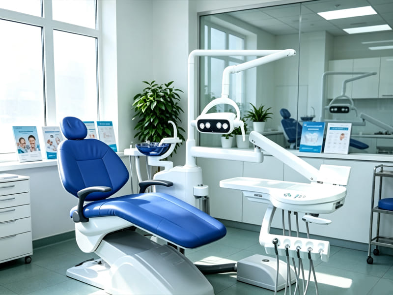 Modern full set dental chair equipment inside bright dental clinic room