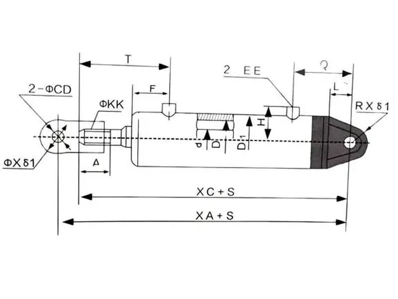 2D technical drawing of double ear hydraulic cylinder with full dimension marks