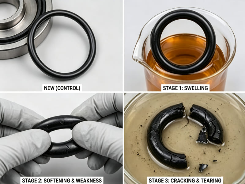 Four‑panel comparison showing new, swelling, softening and cracked failed rubber O‑ring