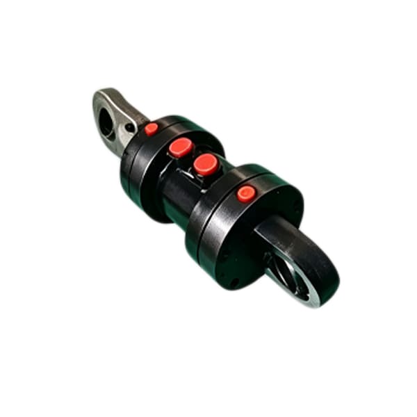 Black custom hydraulic cylinder with multiple red port connectors on white background