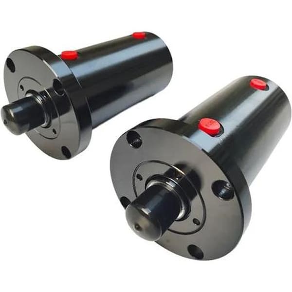 Two black front flange type hydraulic cylinders with red oil port on white background