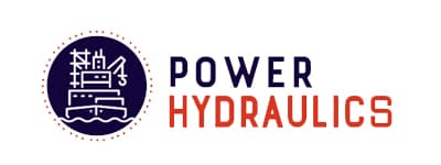 Power Hydraulics official logo, dark purple circular badge with white offshore rig vessel graphic, navy POWER text and red HYDRAULICS text on white background, partner brand graphic
