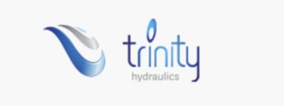 Trinity Hydraulics official logo, abstract gradient blue silver wave graphic, gradient lowercase trinity text and small grey hydraulics subtext on white background, partner brand graphic