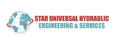 Star Universal Hydraulic official logo, teal world globe graphic with red orbit line, red top text and teal engineering service subtext on white background, partner brand graphic