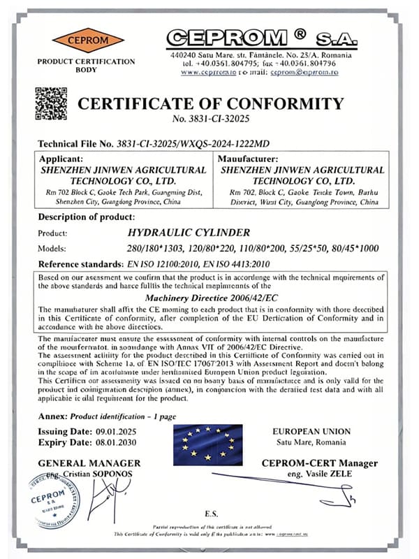 CE conformity certificate for hydraulic cylinder issued by CEPROM Romania