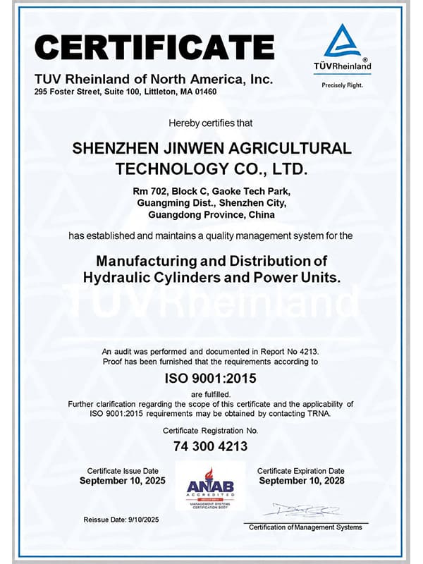 TUV Rheinland ISO9001 quality management system certificate for hydraulic cylinders production