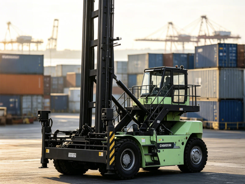 Light green container stacker working at port yard with containers and quay cranes in the background