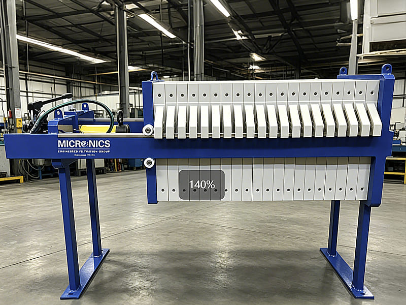 Small plate frame filter press with blue frame in factory workshop, industrial wastewater sludge filtration equipment photo