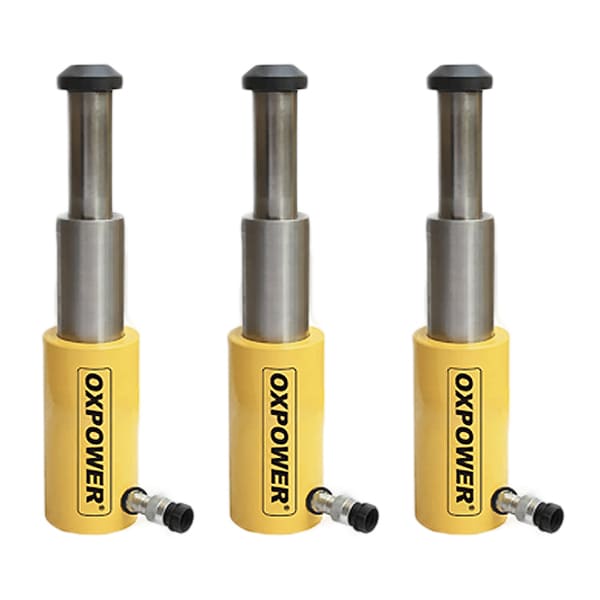 Product photo of yellow OXPOER two-stage hydraulic jack on white background, split portable lifting hydraulic cylinder