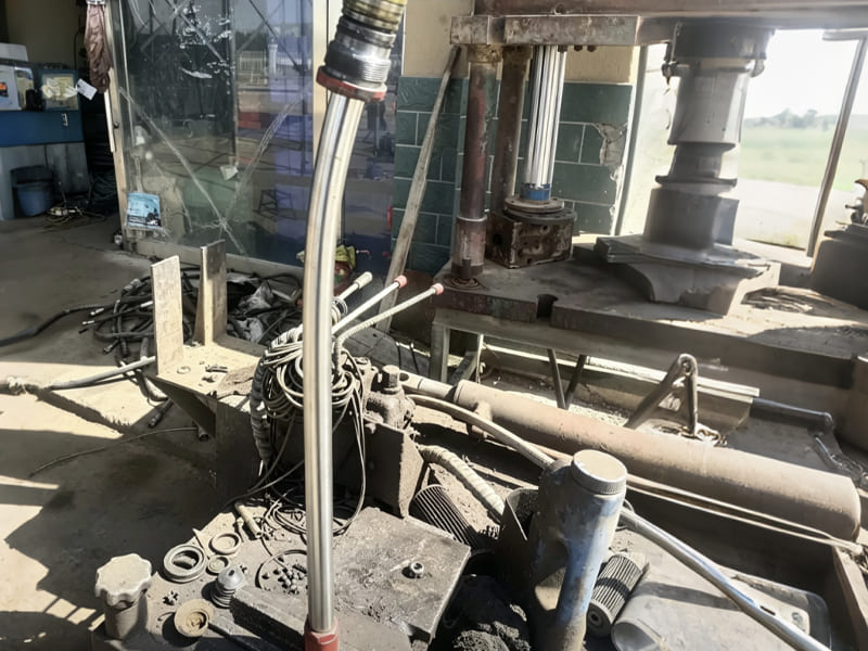 Hydraulic test bench for cylinder overhaul, messy workshop environment, hydraulic hoses, oil seals and spare parts scattered on work station