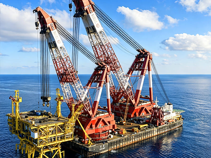 Giant red-white dual crane barge lifting offshore oil & gas platform on open sea, deep sea marine engineering equipment photo