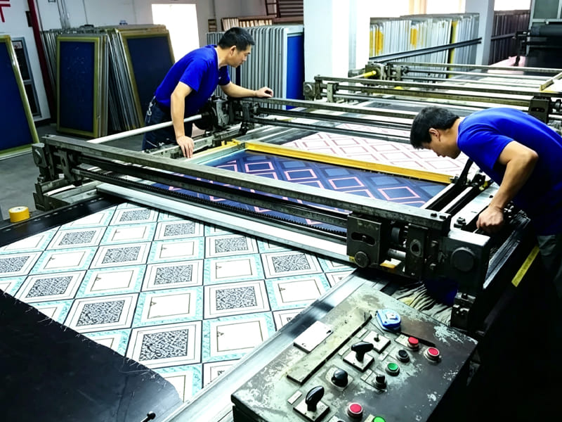 Workers operating automatic flat screen printing machine in textile factory, patterned fabric on production conveyor