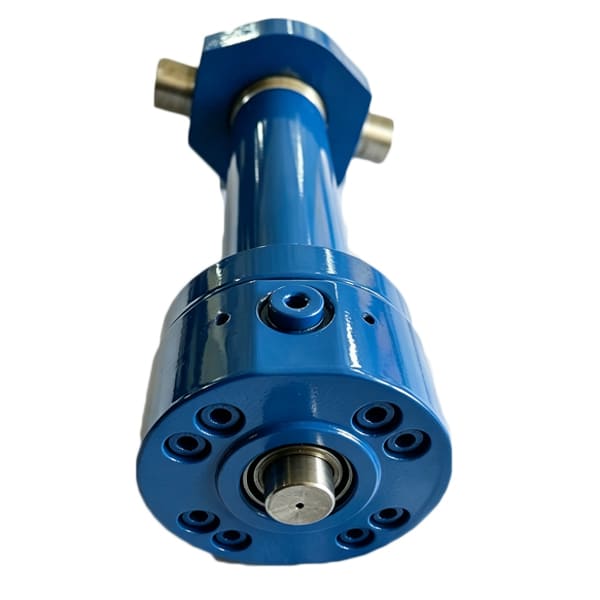 Blue high pressure trunnion hydraulic cylinder on white background
