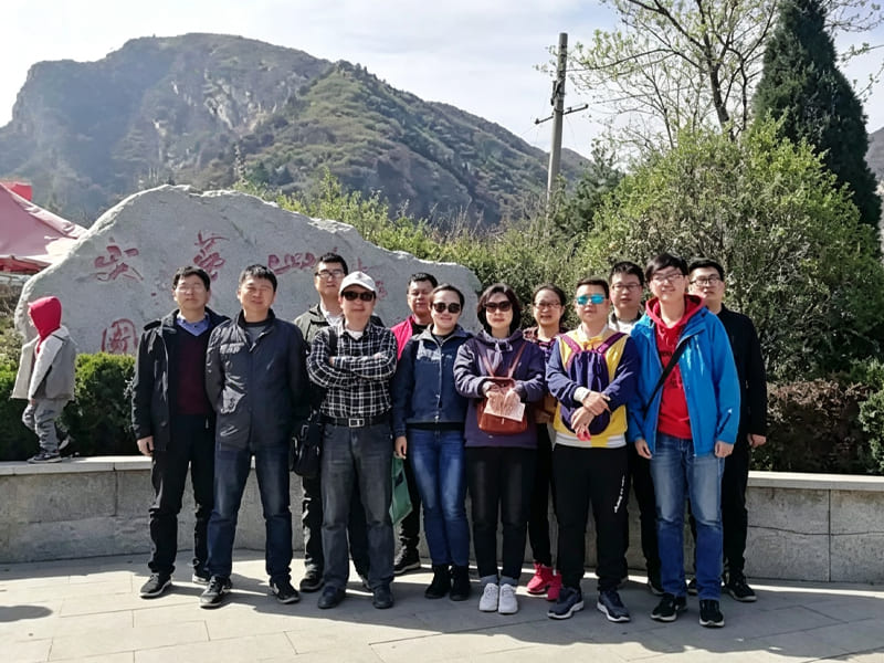 Company staff group photo at scenic mountain spot