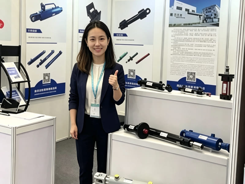 Sales representative at hydraulic cylinder trade show booth, display of hydraulic rams