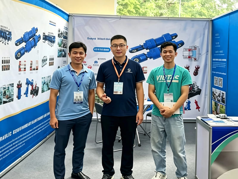 Company team take photos at overseas exhibition booth with hydraulic cylinder product backdrop