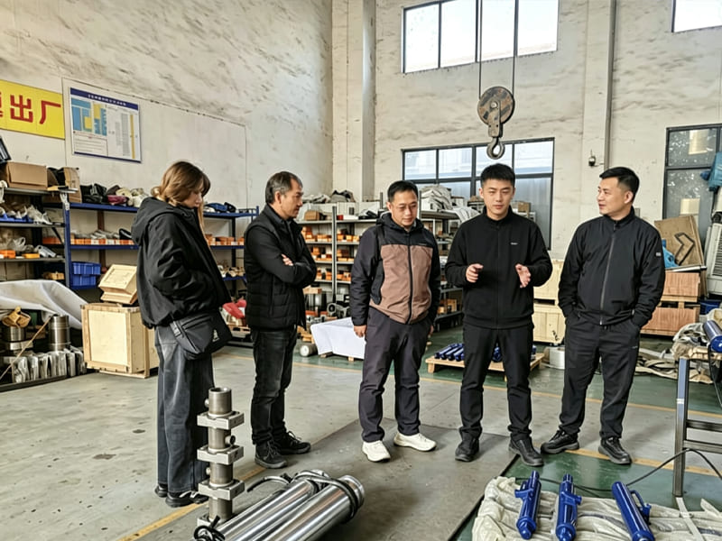 Customers visit hydraulic cylinder factory workshop, technical team introduce product manufacturing process