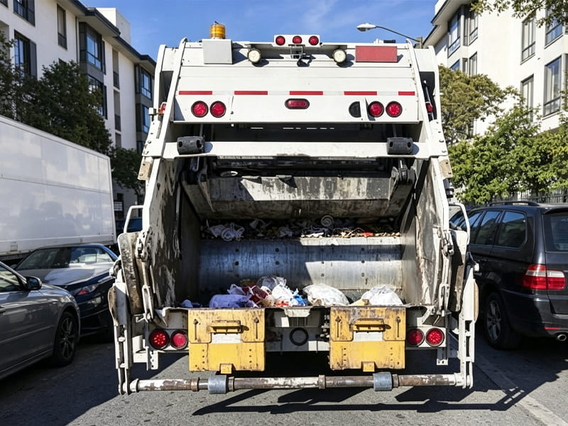 Rear view of waste compactor garbage truck working in urban street