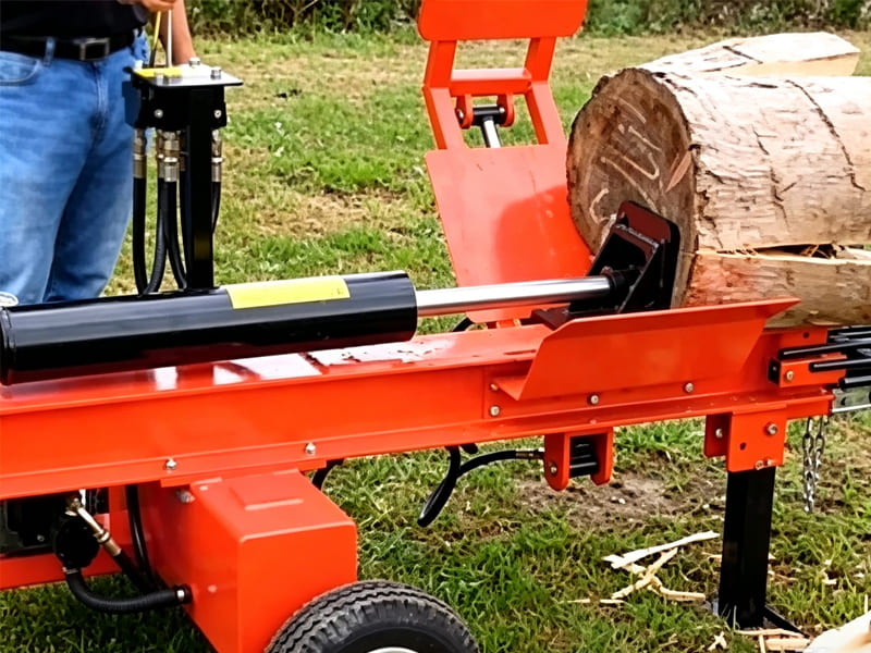 Orange hydraulic log splitter splitting firewood log on grass field