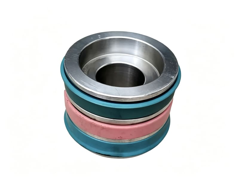 Stacked hydraulic cylinder piston composite seal set with metal support rings