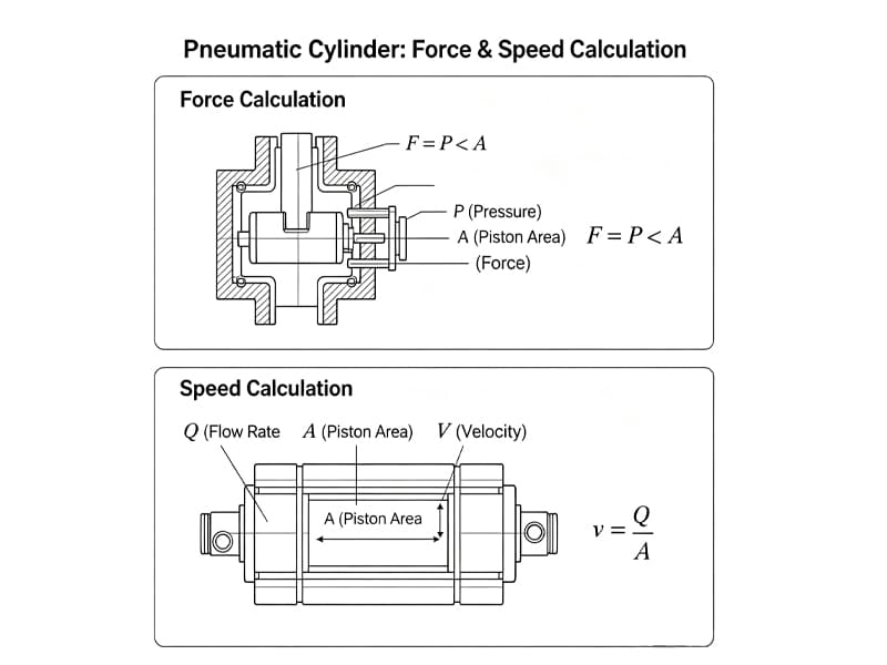 Technical schematic drawing showing pneumatic cylinder force formula F=P×A and speed formula v=Q/A