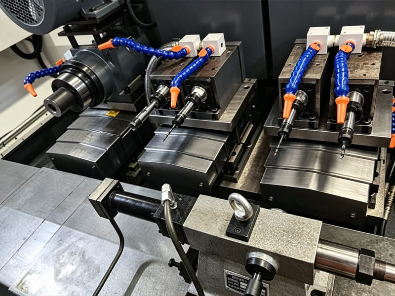 CNC machining station with multiple drill spindles, flexible cooling hoses and hydraulic positioning cylinders