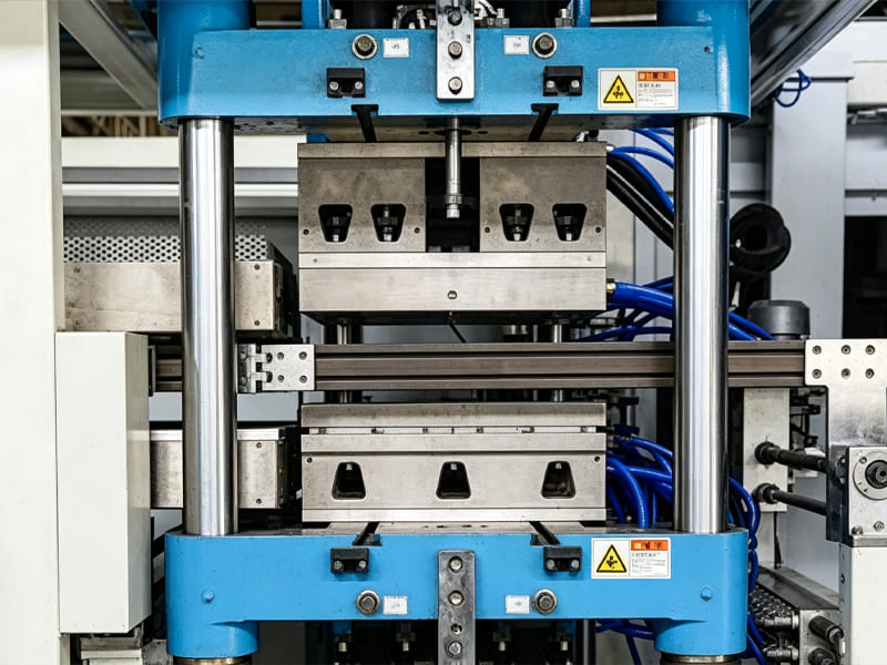 Blue frame hydraulic forming press with upper‑lower metal mould sets and safety warning labels