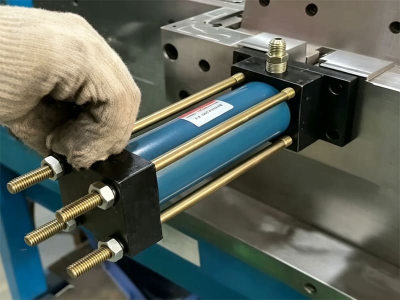Blue tie‑rod hydraulic cylinder being installed on industrial mold by gloved worker