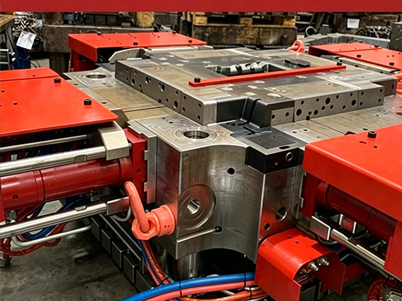 Heavy‑duty metal mold equipped with multiple red hydraulic cylinders and multi‑color fluid pipelines