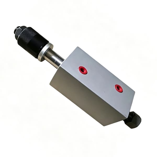 Square hydraulic valve with double‑end adjustable knobs, two red oil ports and product label