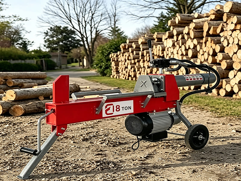 Red mobile 18 ton electric hydraulic log splitter with wheels, stacked firewood background