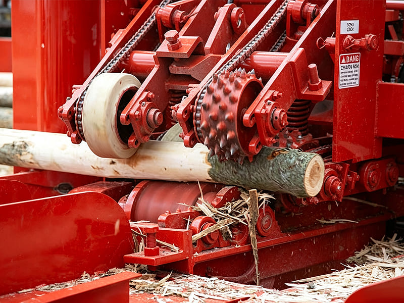 Red log processing machine feeding rollers peeling bark from raw log, wood shavings falling down