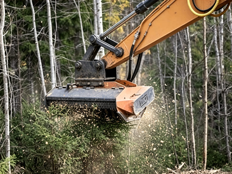 Excavator attachment flail mulcher grinding shrubs and small trees in woodland area