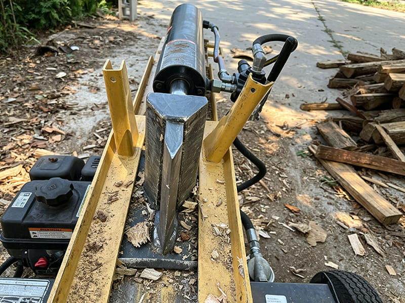 Close‑up view of gasoline powered log splitter wedge cutting log, wood chips scattered on ground