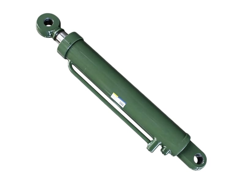 Green agricultural hydraulic cylinder with both end eye mounts, built‑in pipeline and specification label
