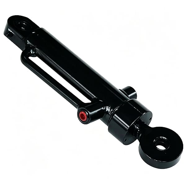 Black welded hydraulic cylinder with eye mounting ends and cross tube port design on white background