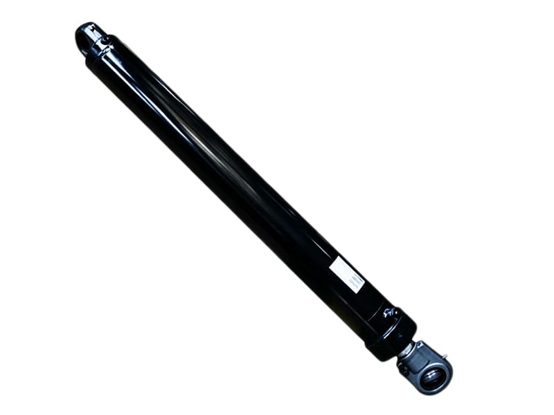 Gloss black long hydraulic cylinder with spherical rod eye connection end and product sticker label