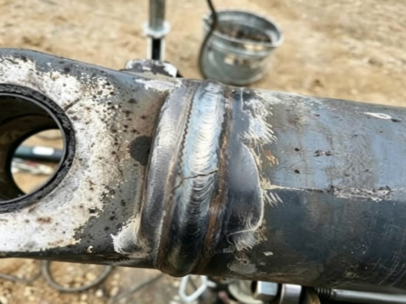 Field close‑up of cracked welding seam on hydraulic cylinder tube end joint