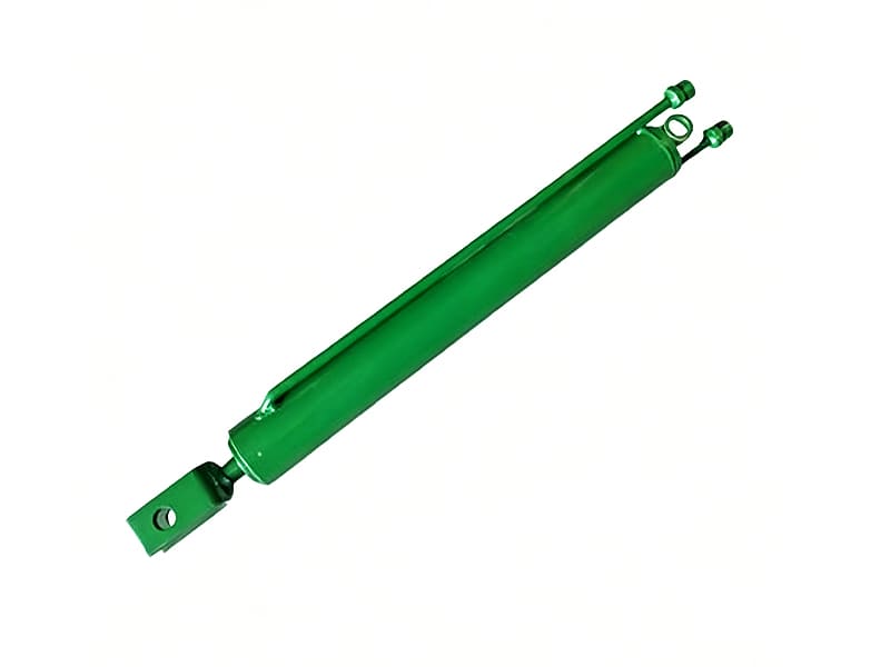 Long green double‑acting hydraulic cylinder, clevis mounting end, two hydraulic port connections