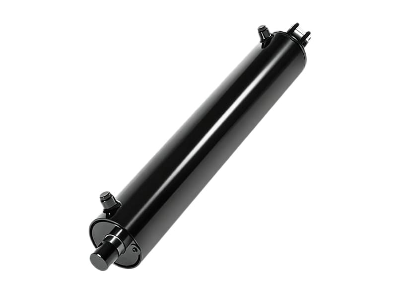 Black heavy‑duty welded hydraulic cylinder with trunnion mounting lugs, plain piston rod exposed