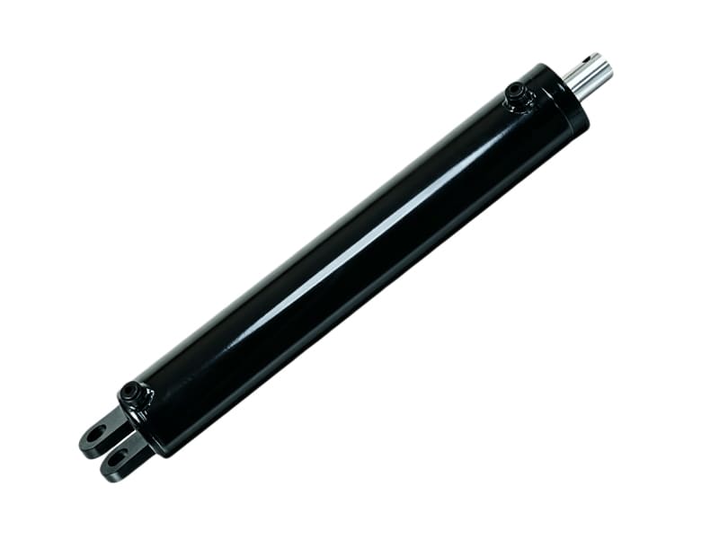 Black double‑acting hydraulic cylinder, double clevis mounting on cap end, exposed polished piston rod