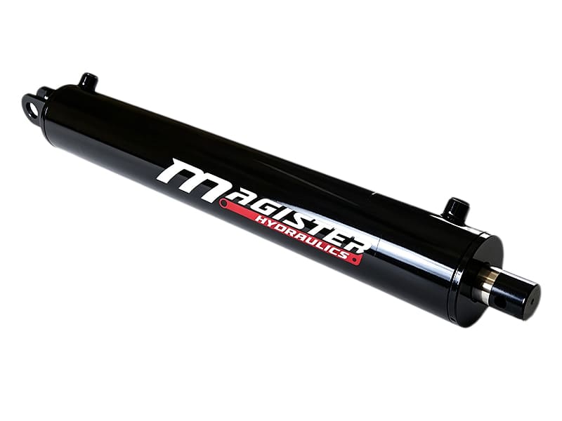 Gloss black branded welded hydraulic cylinder, eye cap end, threaded piston rod end
