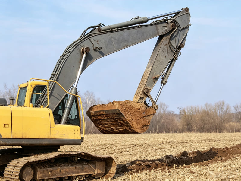 Yellow excavator carries full dirt bucket during farmland excavation work